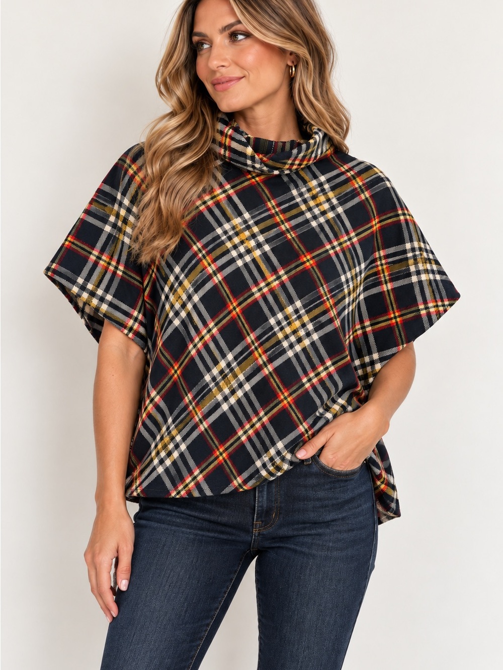 Zara Woman Plaid Turtleneck Poncho Top L Black Red Yellow Tartan Fall